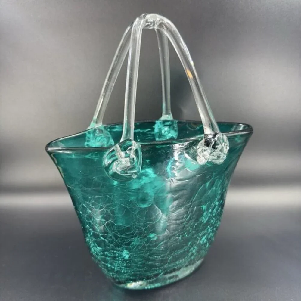 Hand Blown Green Crackle Glass Purse Shape Vase Glassware Decor‎ Clear Handles